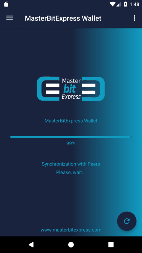 The completion of Synchronization with Peers will lead to the main management area for dealing with MasterBitExpress Wallet Bitcoins