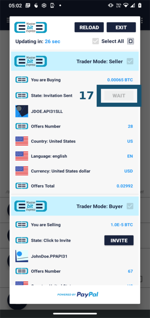 MasterBitExpress Trading Platform - Buyer waiting for the acceptance of the invitation sent to the seller
