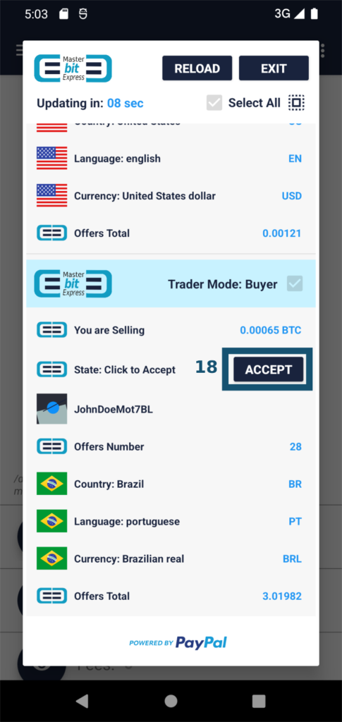 MasterBitExpress Trading Platform - A Seller clicking to accept an invitation that has been received from a Brazilian Buyer