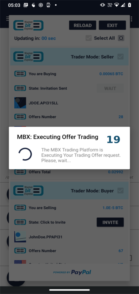 MasterBitExpress Trading Platform - Execution of the trading offer