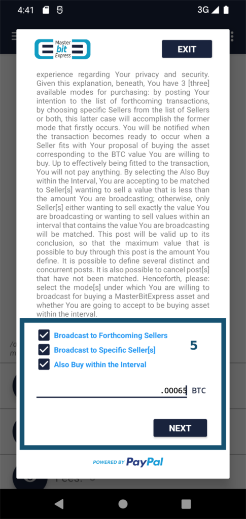 MasterBitExpress Trading Platform - Defining offer parameters as a Buyer